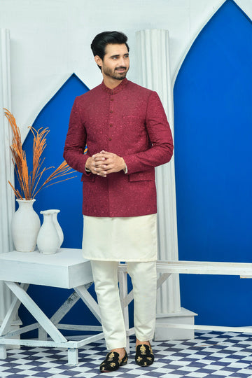 Maroon Color Kora & Dabka Embroidered Prince Coat For Men